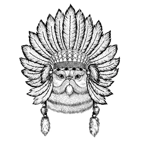 Animal selvagem usando cobertura para a cabeça de inidan com penas. Ilustração de estilo chique Boho para tatuagem, emblema, crachá, logotipo, remendo. Roupas infantis . — Vetor de Stock