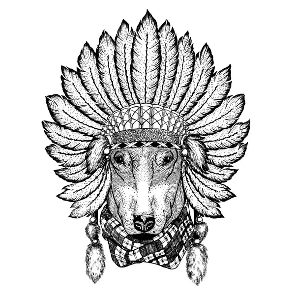 Animale selvatico che indossa copricapo inidan con piume. Boho chic stile illustrazione per tatuaggio, emblema, distintivo, logo, patch. Bambini abbigliamento . — Vettoriale Stock