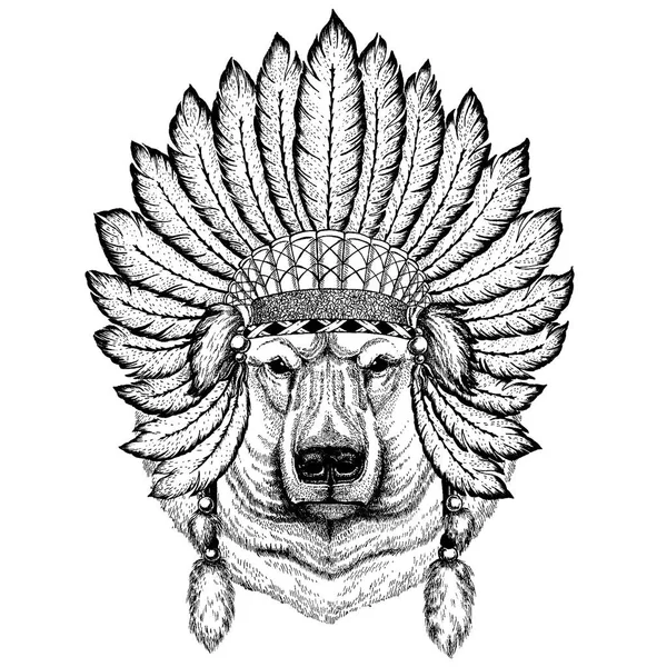 Un animal sauvage portant une coiffe inidan avec des plumes. Illustration de style chic Boho pour tatouage, emblème, badge, logo, patch. Vêtements enfants . — Image vectorielle