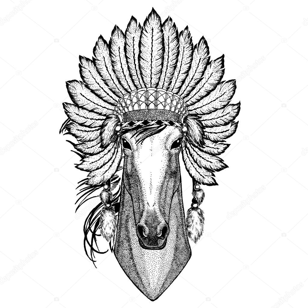 Wild animal wearing inidan headdress with feathers. Boho chic style illustration for tattoo, emblem, badge, logo, patch. Children clothing.
