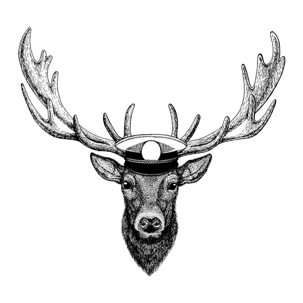 Deer Hand drawn illustration for tattoo, emblem, badge, logo, patch, t-shirt — Stock Vector