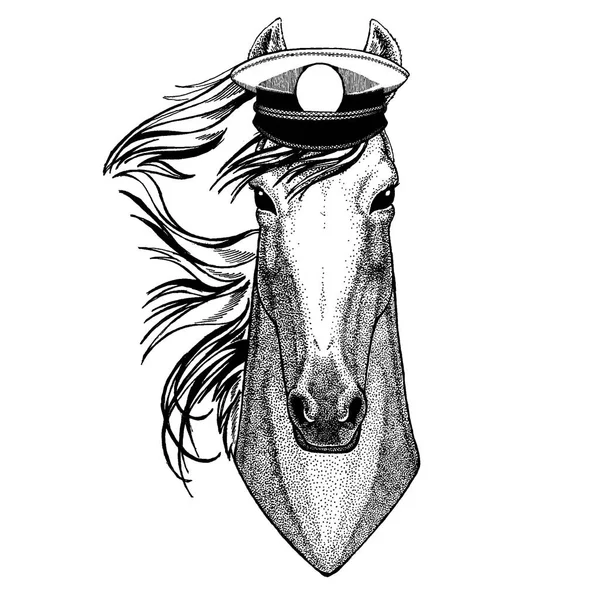 Cavallo, issa, cavaliere, destriero, courser Immagine disegnata a mano per tatuaggio, emblema, distintivo, logo, toppa, t-shirt — Vettoriale Stock