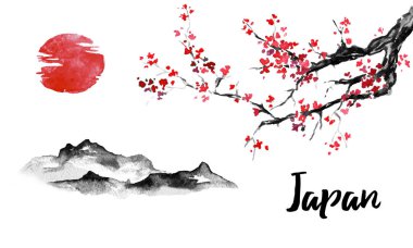 Japonya geleneksel sumi-e boyama. Sakura, kiraz çiçeği. Dağ ve günbatımı. Hint mürekkebi çizimde. Japon resim.
