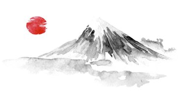 Japonya geleneksel sumi-e boyama. Fuju dağın. Hint mürekkebi çizimde. Japon resim.