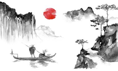 Japonya geleneksel sumi-e boyama. Hint mürekkebi çizimde. Adam ve tekne. Günbatımı, alacakaranlıkta. Japon resim.