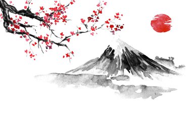 Geleneksel Japon sumi tablosu. Fuji dağı, sakura, gün batımı. Japon güneşi. Hint mürekkebi çizimi. Japonca resim.