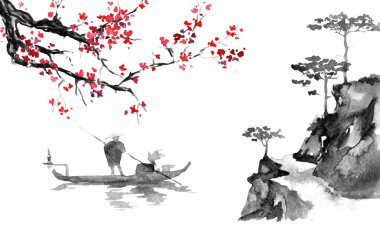 Japonya geleneksel sumi-e boyama. Hint mürekkebi çizimde. Adam ve tekne. Günbatımı, alacakaranlıkta. Japon resim.