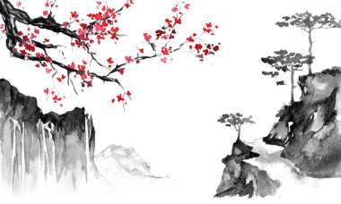 Japonya geleneksel sumi-e boyama. Hint mürekkebi çizimde. Japon resim. Sakura ve dağlar