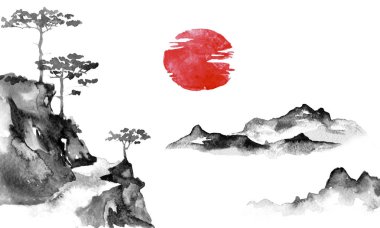 Japonya geleneksel sumi-e boyama. Hint mürekkebi çizimde. Japon resim. Güneş ve dağ