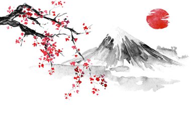 Japonya geleneksel sumi-e boyama. Hint mürekkebi çizimde. Japon resim. Sakura, güneş ve dağ