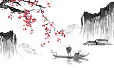 Japonya geleneksel sumi-e boyama. Hint mürekkebi çizimde. Japon resim. Adam, tekne, sakura, dağlar