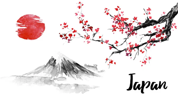 Japanische traditionelle Sumi-e-Malerei. Sakura, Kirschblüte. Fuji-Berg. Tintenillustration. japanisches Bild. — Stockfoto