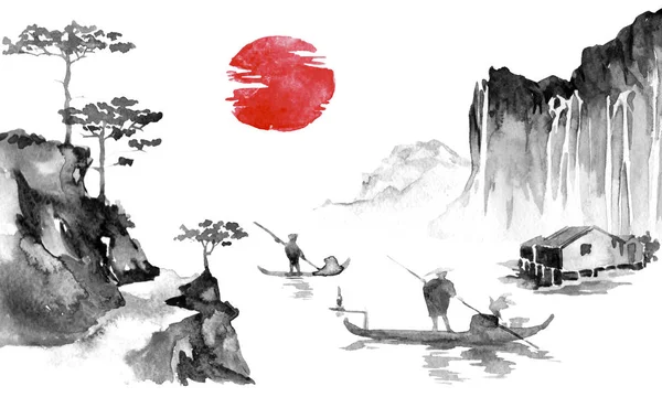 Japan traditionella sumi-e målning. Indian ink illustration. Mannen och båt. Solnedgång, skymning. Japanska bild. — Stockfoto