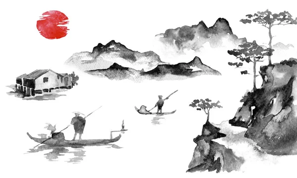 Japan traditionele sumi-e schilderij. Indische inkt illustratie. Man en boot. Zonsondergang, schemering. Japanse foto. — Stockfoto