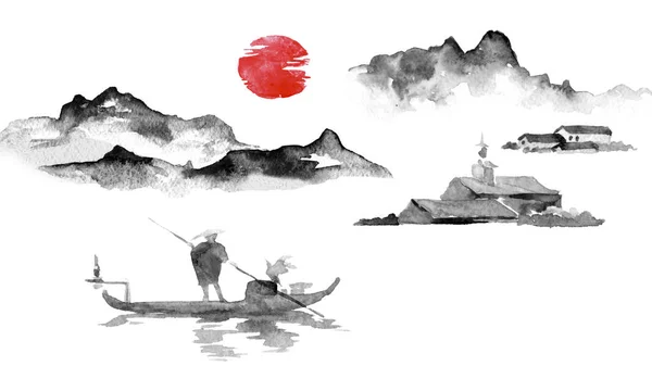 日本伝統的な水墨画。墨の図。男とボート。山の風景。夕日、黄昏。日本人像. — ストック写真