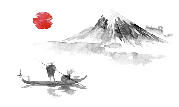 Lukisan tradisional sumi-e Jepang. Ilustrasi tinta India. Manusia dan perahu. Gunung lansekap. Matahari terbenam, senja. Gambar Jepang . — Stok Foto