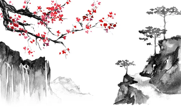 日本伝統的な水墨画。墨の図。男とボート。さくら山の風景。夕日 日本伝統的な水墨画。墨の図。男とボート。さくら山の風景。夕日