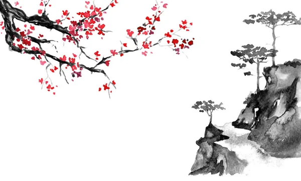 Japonsko tradiční sumi-e obraz. Ilustrace tuší. Japonský obrázek. Sakura a hory — Stock fotografie