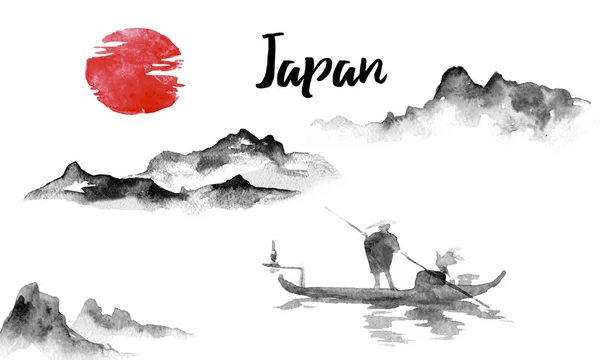 Japan traditional sumi-e painting. Indian ink illustration. Japanese picture. Man and boat. Mountain landscape — Stock Photo, Image
