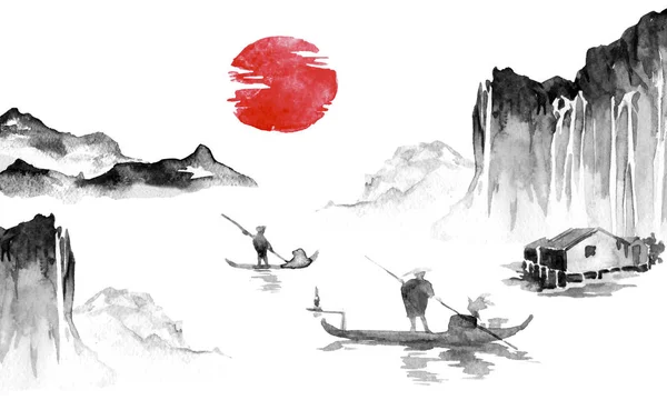 Японская традиционная суми-э живопись. Индийская иллюстрация чернил. Японская фотография. Человек, лодка, горы — стоковое фото