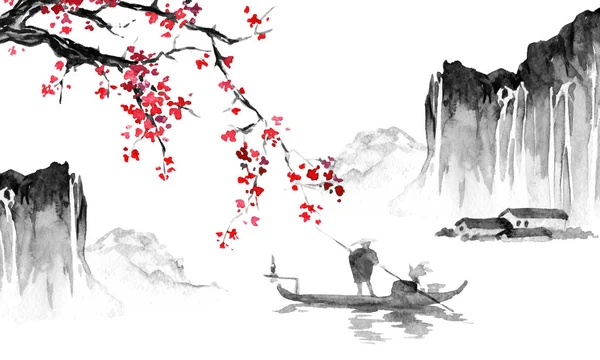 Японія традиційні суми е живопис. Туш ілюстрації. Японський малюнок. Людина, човен, Сакура, гори — стокове фото