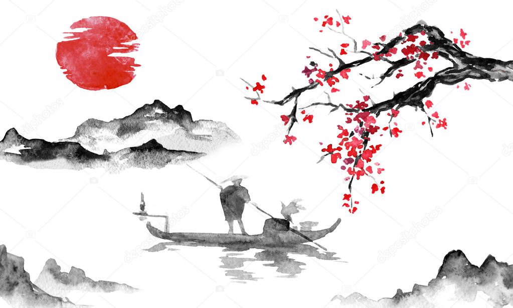 Japan traditional sumi-e painting. Indian ink illustration. Man and boat. Mountain landscape with sakura. Sunset, dusk. Japanese picture.