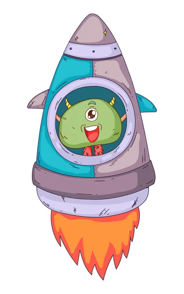 Weltraum-Aliens, Monster mit Raumschiff, Rakete. Zeichentrickfigur für kleine Kinder. Kinderzeichnung. — Stockvektor