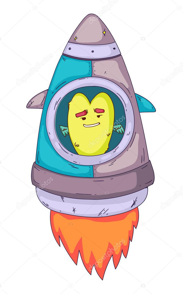 Space aliens, monster with spaceship, rocket. Cartoon character for little children. Kids drawing.