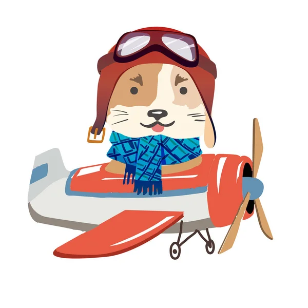 Мультфильм собака летает на самолете. Изображение для детской одежды, открытки . — стоковый вектор