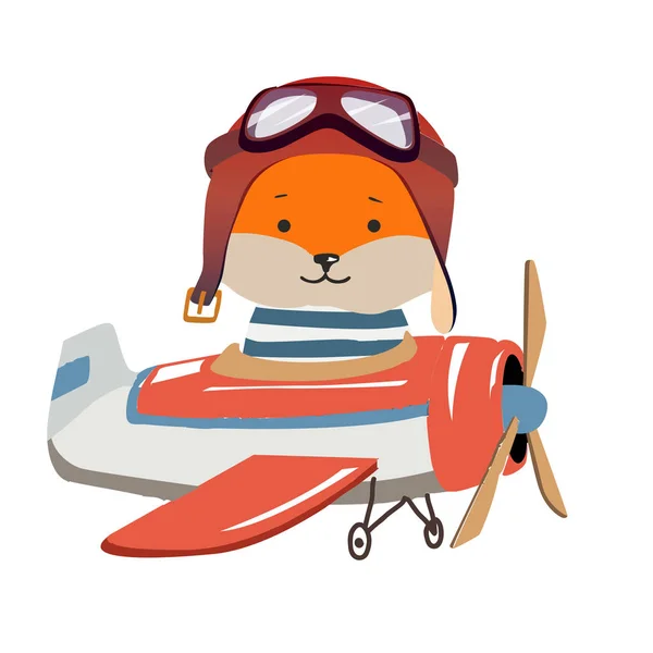 Мультфильм лиса летать на самолете. Изображение для детской одежды, открытки . — стоковый вектор