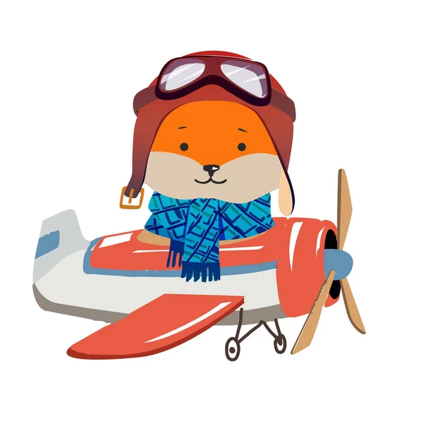 Мультфильм лиса летать на самолете. Изображение для детской одежды, открытки . — стоковый вектор
