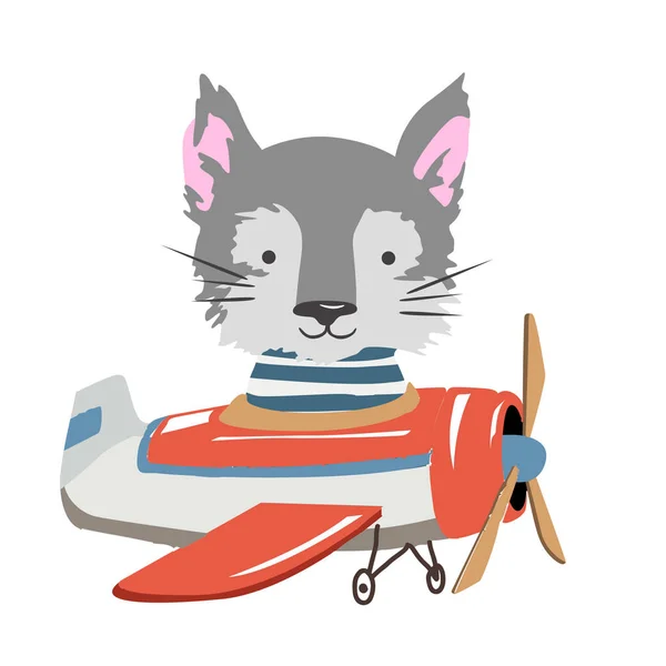 Мультфильм волк летает на самолете. Изображение для детской одежды, открытки . — стоковый вектор
