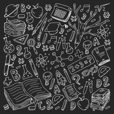 Okul, üniversite, üniversite, anaokulu desen vektör öğeleri ve simgeler. Yaratıcılık ve hayal gücü.