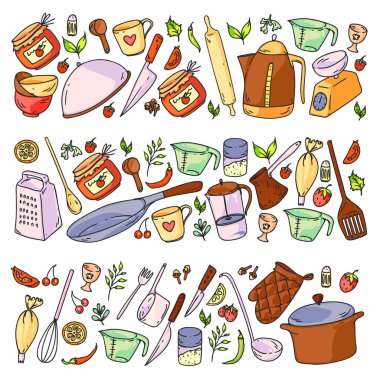 Cooking class. Kitchenware, utencils. Food and kitchen icons. clipart