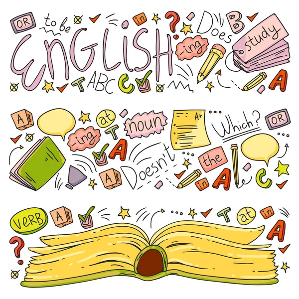 Escuela de idiomas para adultos, niños. Cursos de inglés, clase . — Vector de stock
