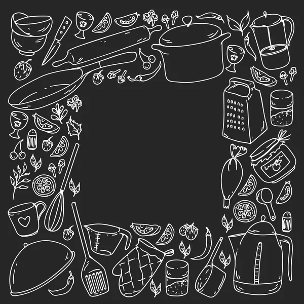 Clase de cocina. Utensilios de cocina, utencils. Iconos de comida y cocina . — Vector de stock