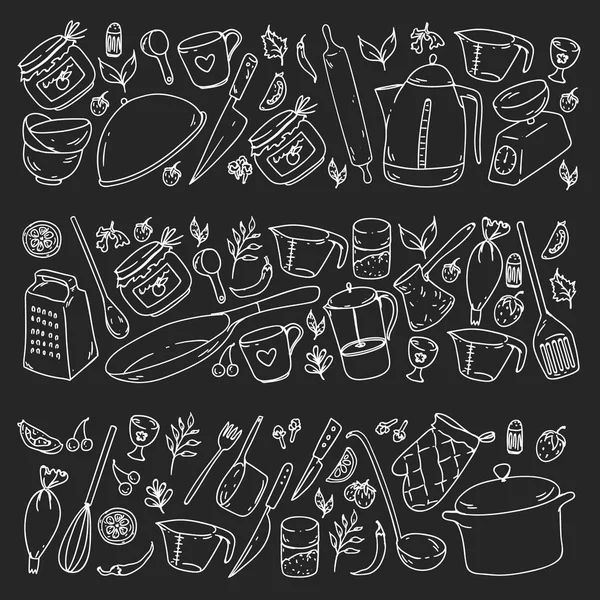 Clase de cocina. Utensilios de cocina, utencils. Iconos de comida y cocina . — Archivo Imágenes Vectoriales