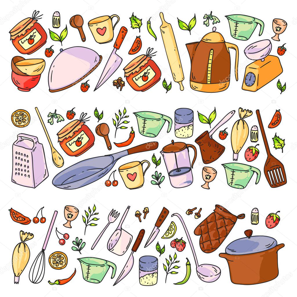 Cooking class. Kitchenware, utencils. Food and kitchen icons.