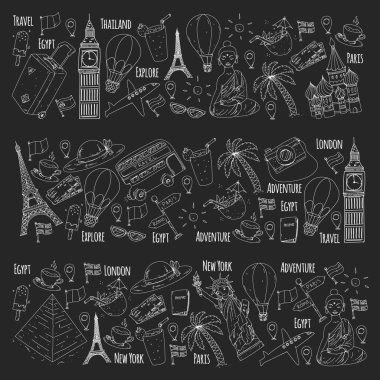 Seyahat simgeleriyle vektör deseni. Harika tatiller, tatiller. Sıcak hava balonu, bavul. Maceralar ve seyahat.
