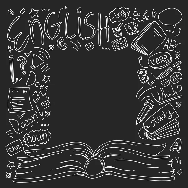 Escuela de idiomas para adultos, niños. Cursos de inglés, clase . — Archivo Imágenes Vectoriales