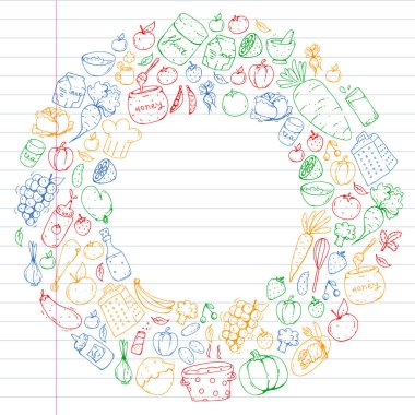 Sağlıklı gıda ve yemek. Meyve, sebze, ev için. Vektör set doodle.