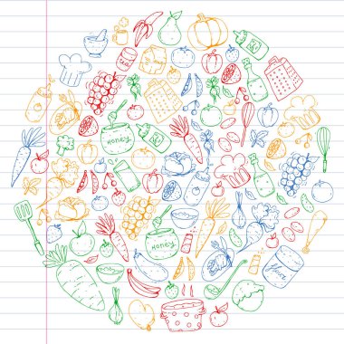 Sağlıklı gıda ve yemek. Meyve, sebze, ev için. Vektör set doodle.