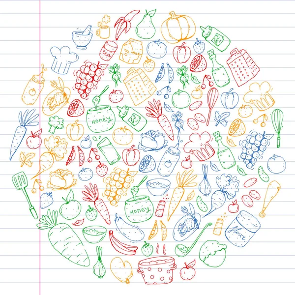 Hälsosam mat och matlagning. Frukt, grönsaker, hushåll. Doodle vektor set. — Stock vektor