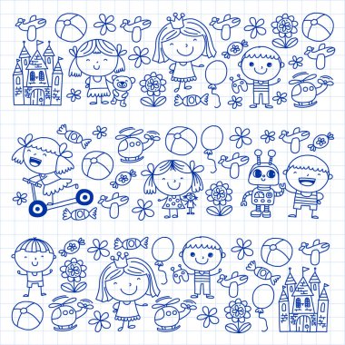 Çocuk oyuncakları ile. Renkli desen anaokulu posterler için.