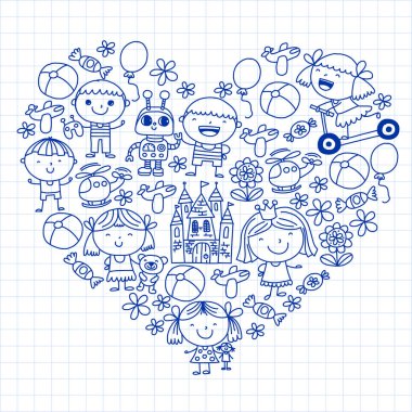 Çocuk oyuncakları ile. Renkli desen anaokulu posterler için.