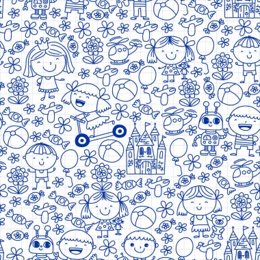 Anaokulu posterler için renkli seamless modeli. Çocuk oyuncakları ile.