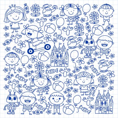 Çocuk oyuncakları ile. Renkli desen anaokulu posterler için.