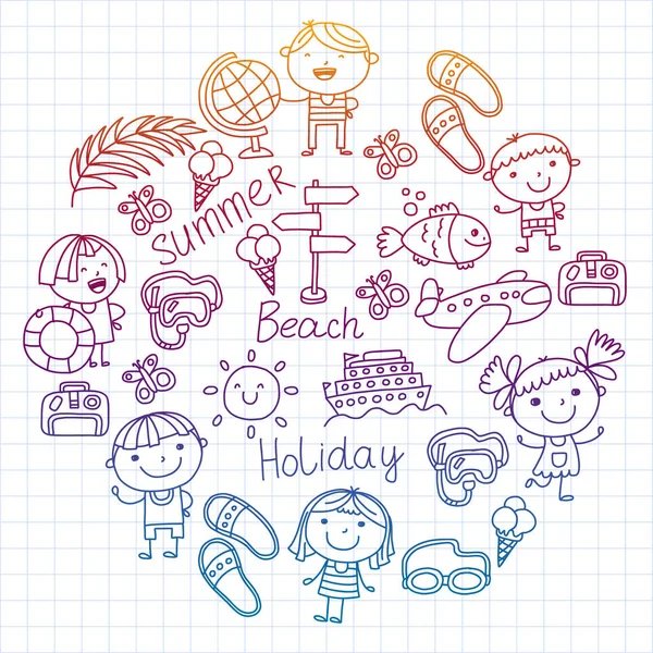 Padrão vetorial com ícones infantis. Férias de verão na praia, mar, oceano, praia. Crianças pequenas se divertindo . — Vetor de Stock