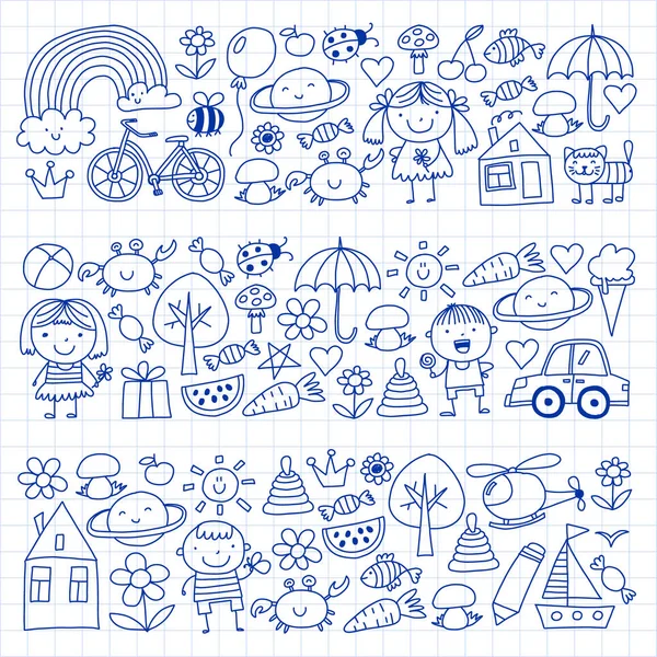 Patrón de jardín de infantes con niños y juguetes lindos. Ilustración de estilo de dibujo infantil — Vector de stock