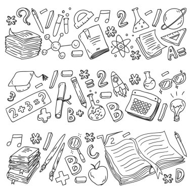 Okul, üniversite, üniversite, anaokulu desen vektör öğeleri ve simgeler. Yaratıcılık ve hayal gücü.